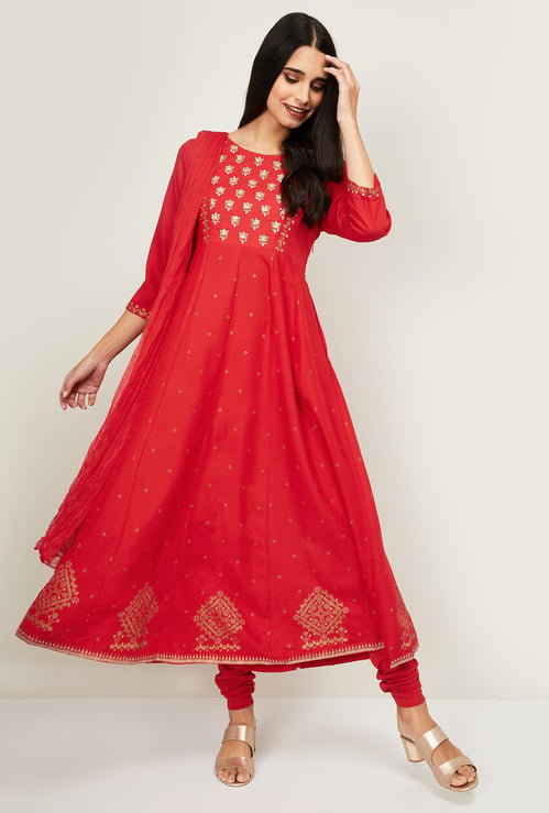 IMARA Women Printed A-Line Kurta with Solid Churidar and Dupatta