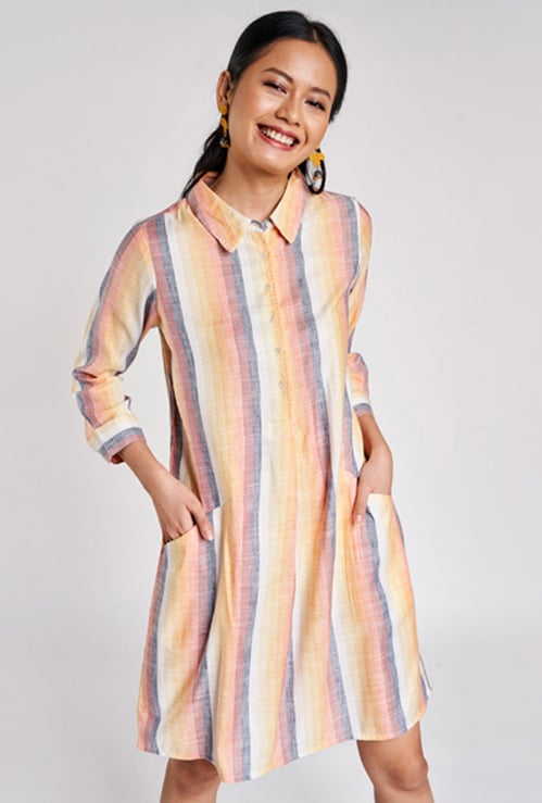 GLOBAL DESI Women Striped Collared Shirt Dress