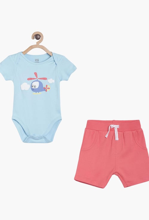 FS MINI KLUB Boys Printed Bodysuit with Drawstring Waist Shorts
