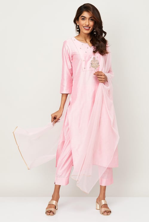 MELANGE Embroidered Kurta with Solid Straight Pants and Dupatta