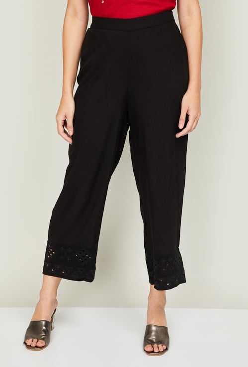 GLOBAL DESI Women Solid Knit Straight Pants with Lace Hem