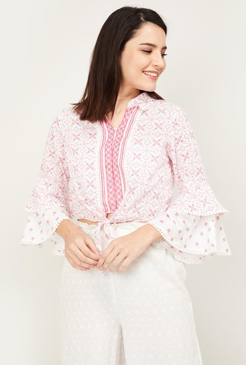 GLOBAL DESI Women Printed Collared Crop Top