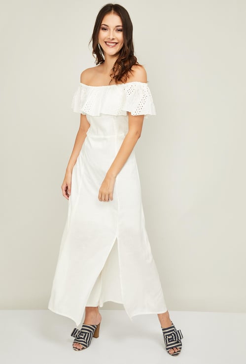 AND Women Schiffli Detail Off-Shoulder Maxi Dress