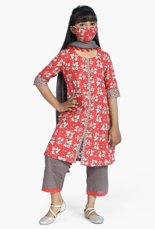 BIBA Girls Printed Kurta with Pants, Dupatta and Face Mask