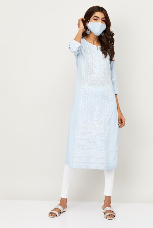 BIBA Women Printed Straight Kurta with Face Mask
