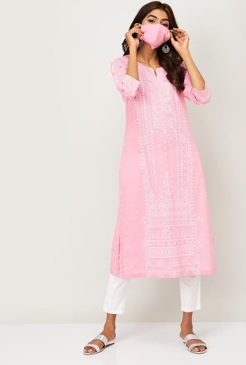 BIBA Women Printed Straight Kurta with Face Mask