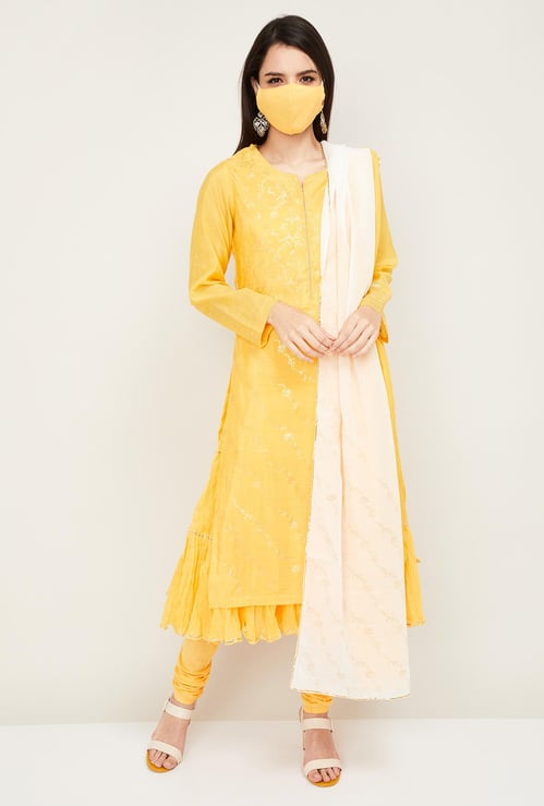 BIBA Women Printed Layered Kurta with Churidar and Dupatta