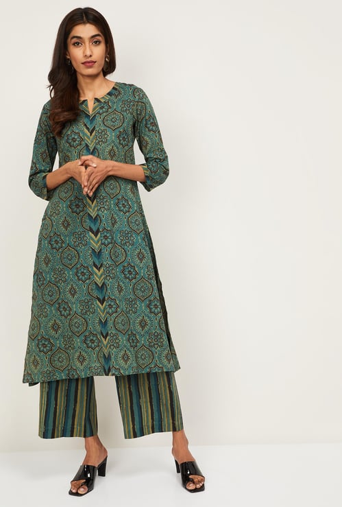 IMARA Women Printed Kurta with Elasticated Striped Palazzos