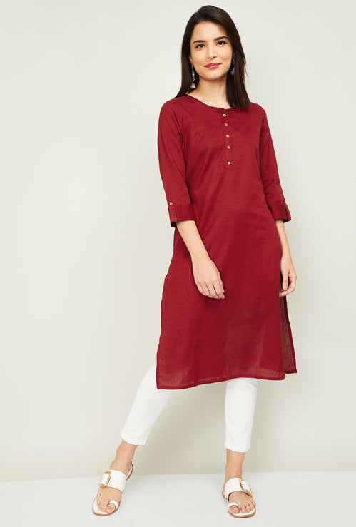 MELANGE Women Solid Three-Quarter Sleeves Straight Kurta