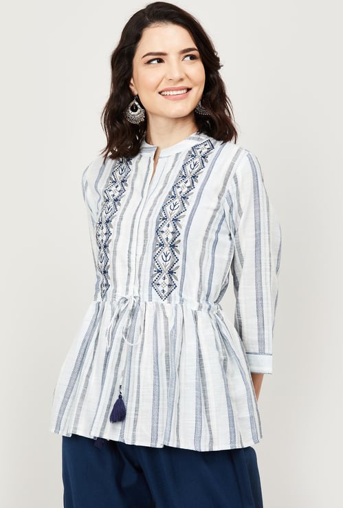 SPAN Women Striped Cinched-Waist Top