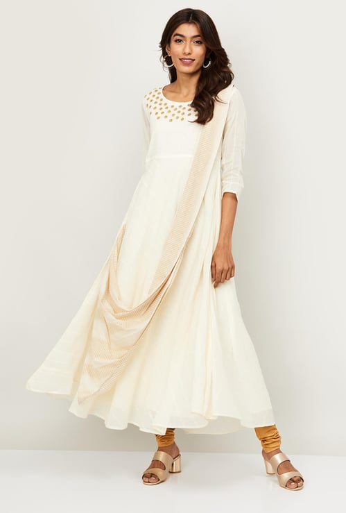 SPAN Women Embroidered A-Line Kurta with Attached Dupatta