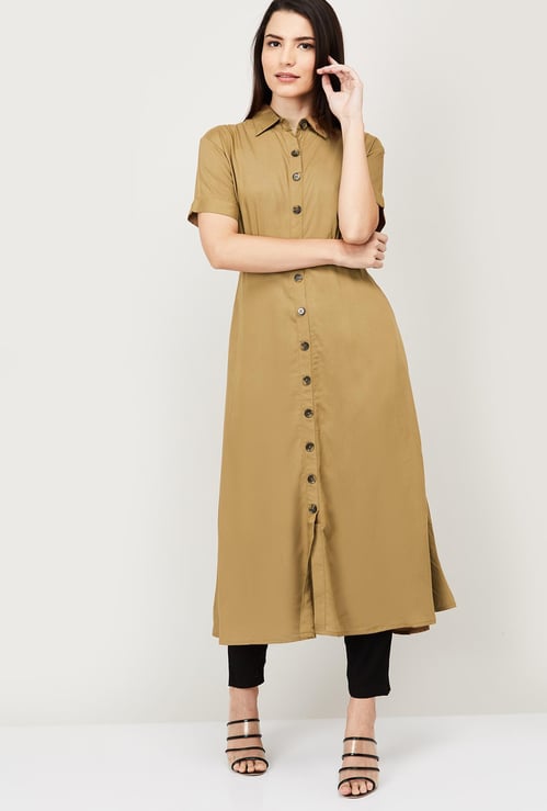 AMUKTI Women Solid Collared A-Line Kurta