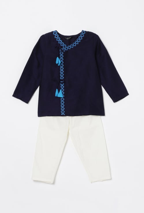 MELANGE Boys Embroidered Kurta with Elasticated Solid Pyjamas