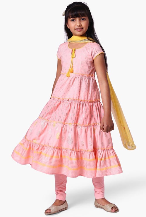 BIBA Girls Printed Tiered Kurta with Churidar and Dupatta