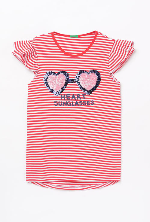 UNITED COLORS OF BENETTON Girls Striped Round Neck T-shirt