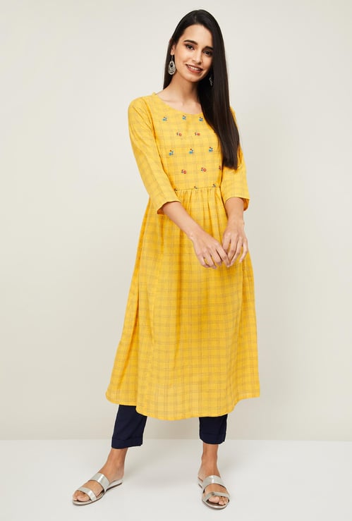 IMARA Women Checked A-line Kurta with Floral Embroidery