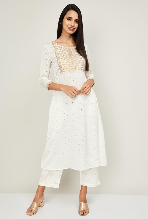 SPAN Women Embroidered Three-quarter Sleeves A-line Kurta