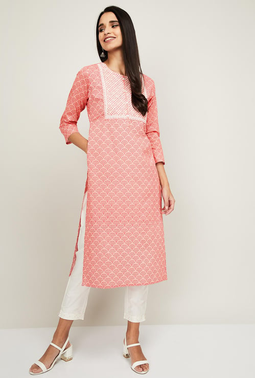 SPAN Women Printed Three-quarter Sleeves Straight Kurta