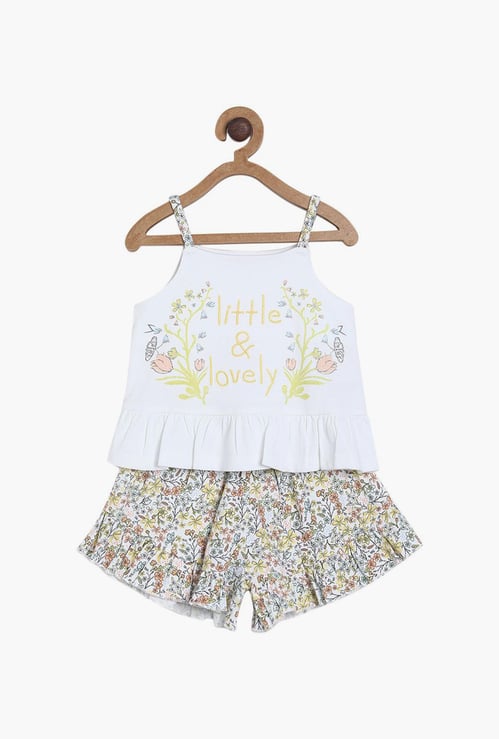 FS MINI KLUB Girls Printed Ruffled Hem Top with Elasticated Shorts