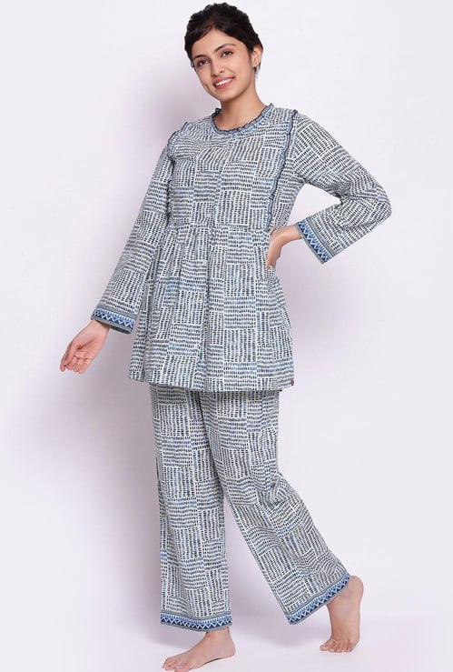 BIBA Women Printed Round Neck Top and Lounge Pants