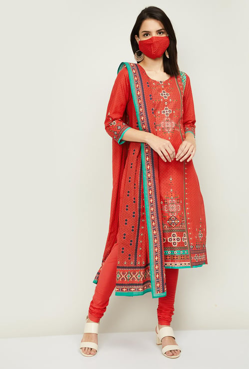 BIBA Women Printed Straight Kurta with Churidar and Dupatta