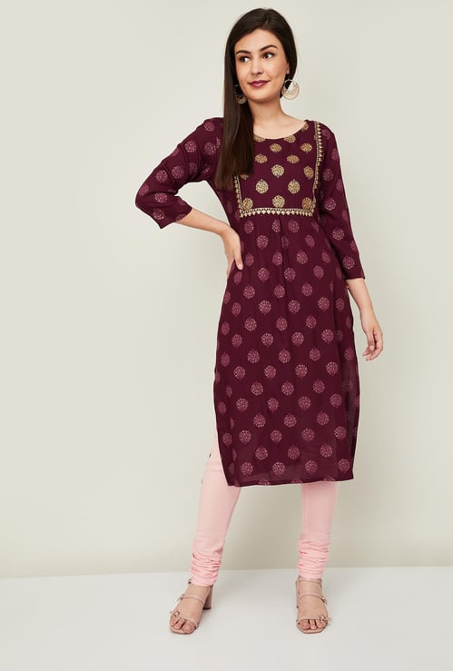 SPAN Women Printed Three-quarter Sleeves Straight Kurta