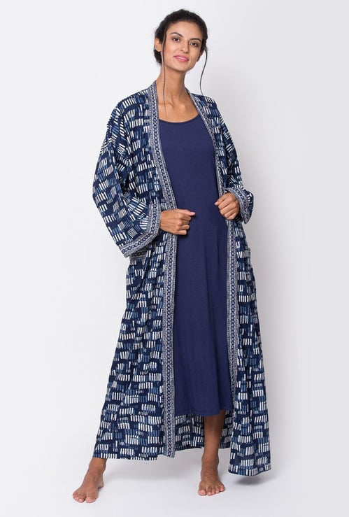 BIBA Women Printed Robe with Solid Night Dress