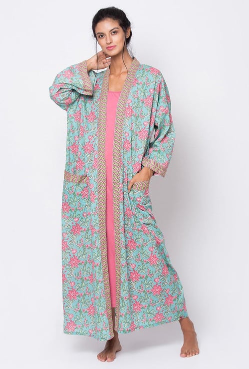 BIBA Women Floral Print Robe with Solid Night Dress