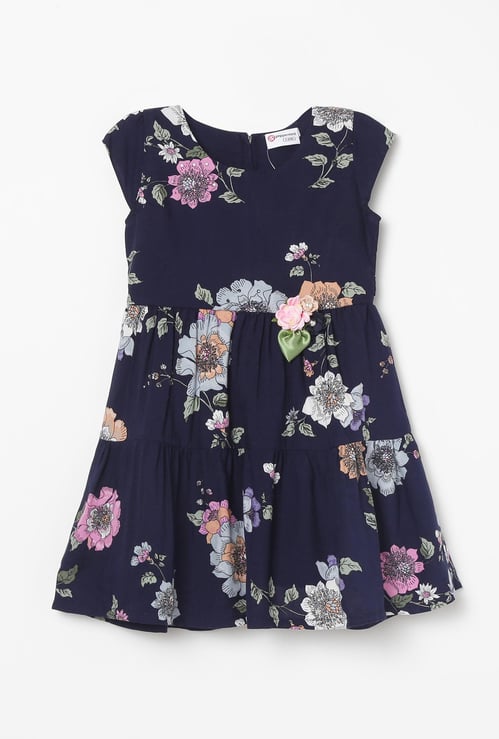 PEPPERMINT Girls Floral Printed A-Line Dress with Rosette Detail