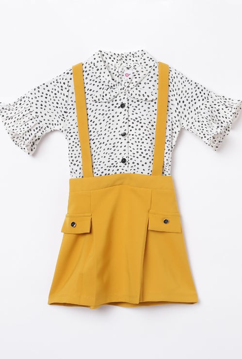 PEPPERMINT Girls Solid Pinafore Dress with Printed Top