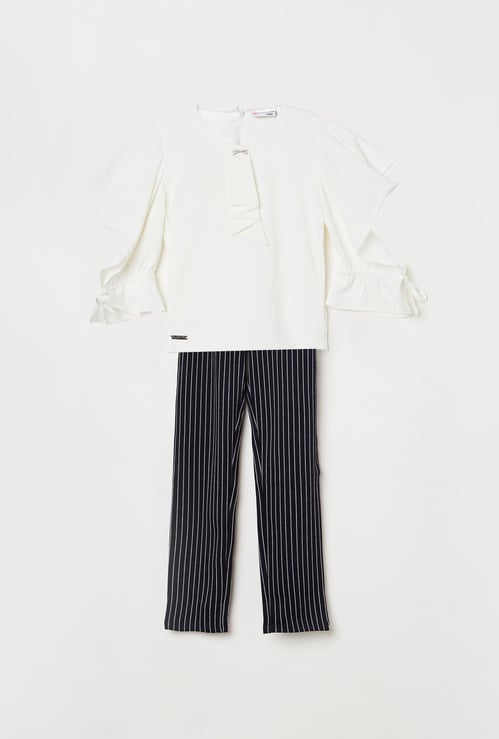 PEPPERMINT Girls Solid Round Neck Top with Striped Trousers
