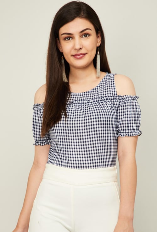FABALLEY Women Checked Cold-Shoulder Top