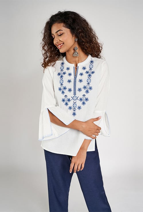 GLOBAL DESI Women Embroidered Knit Top With Bell Sleeves