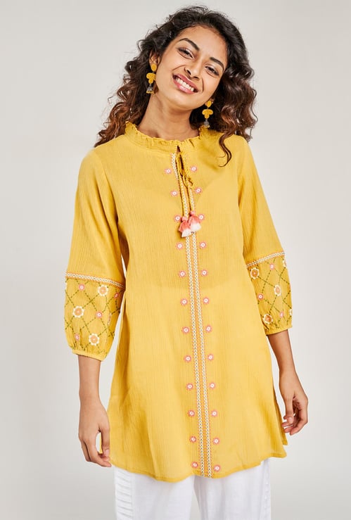 GLOBAL DESI Women Embroidered Tunic With Tassel Tie-Up