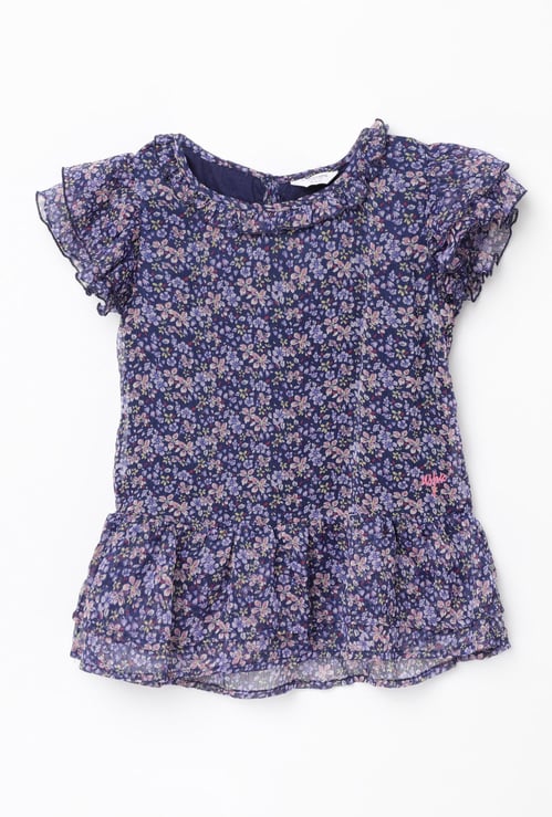 U.S. POLO ASSN. KIDS Girls Florl Print Top with Layered Sleeves
