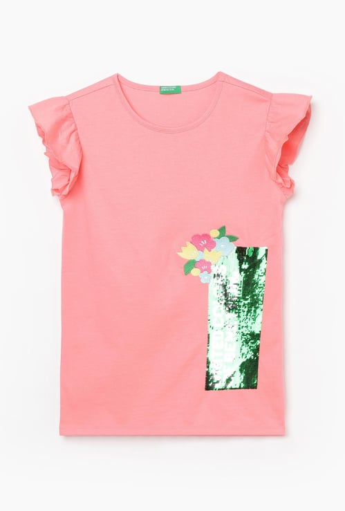 UNITED COLORS OF BENETTON Girls Sequin Embellished Round Neck Top