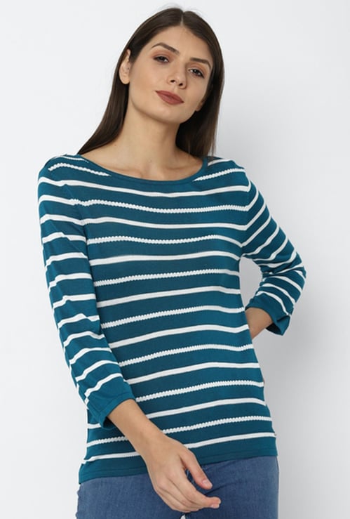 ALLEN SOLLY Women Striped Three-Quarter Sleeves T-shirt