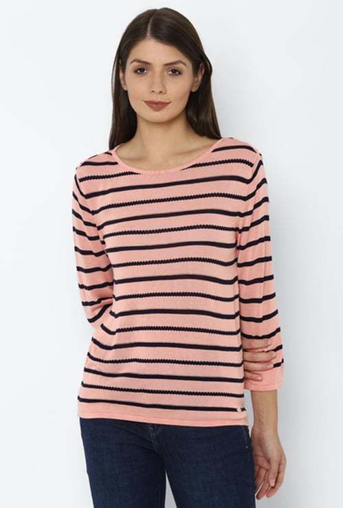 ALLEN SOLLY Women Striped Round Neck T-shirt