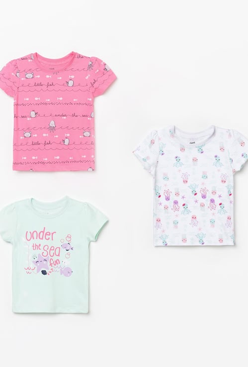 FS MINI KLUB Girls Printed Round Neck T-shirt- Pack of 3