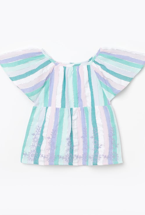 FS MINI KLUB Girls Striped Flutter Sleeves Woven Top