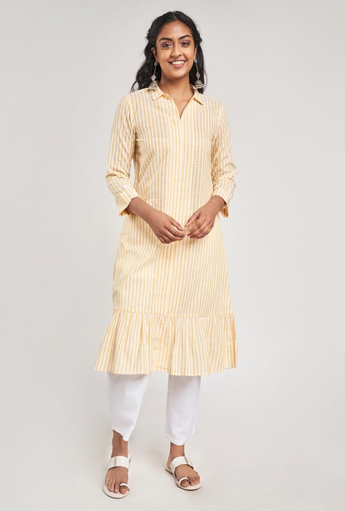 GLOBAL DESI Women Striped Collared A-Line Kurta