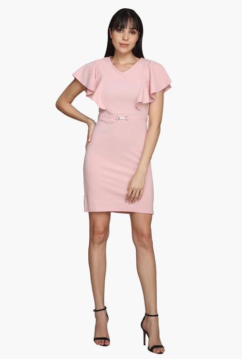 MADAME Women Solid Flutter Sleeves Bodycon Dress