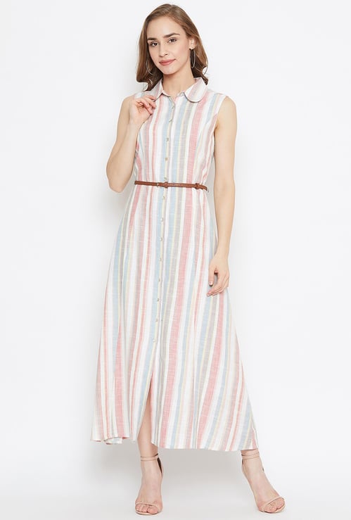 MADAME Women Striped Sleeveless Midi Dress