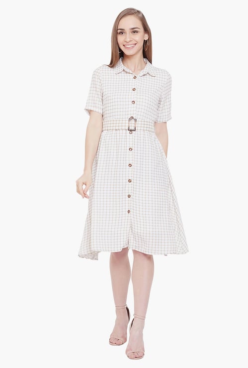 MADAME Women Checked A-line Shirt Dress