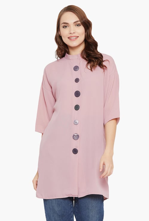 MADAME Women Solid Three-Quarter Sleeves Longline Shirt