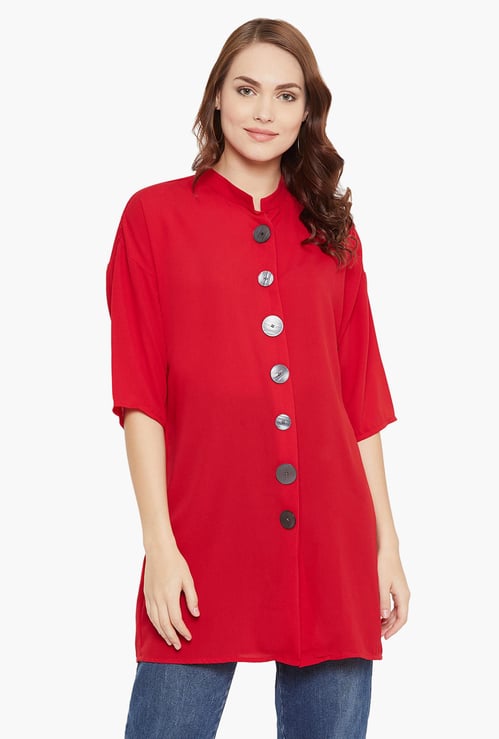 MADAME Women Solid Three-Quarter Sleeves Longline Shirt