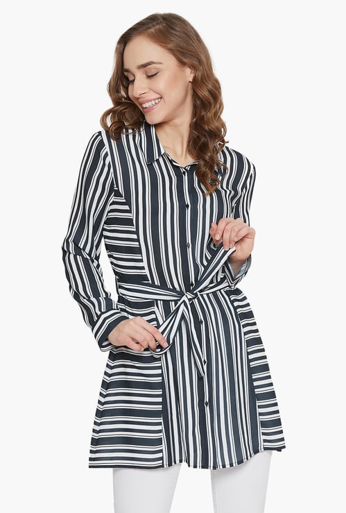 MADAME Women Striped Tie-Up Long Shirt