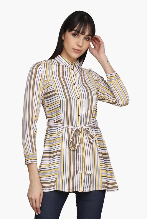 MADAME Women Striped Tie-Up Long Shirt