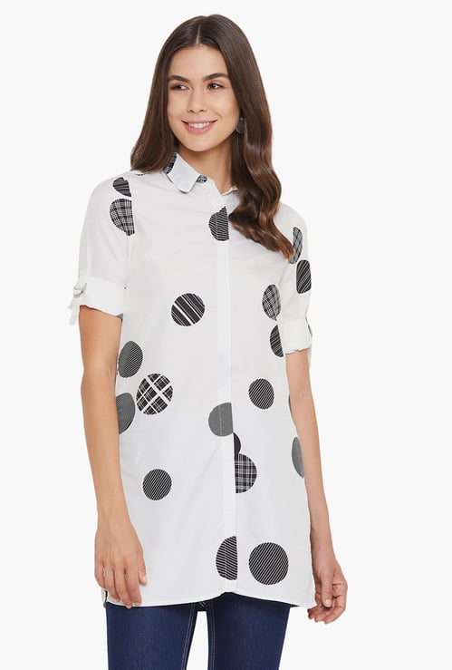 MADAME Women Printed Short Sleeves Longline Shirt