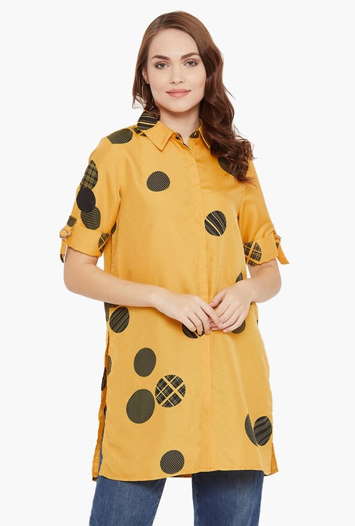MADAME Women Printed Short Sleeves Longline Shirt